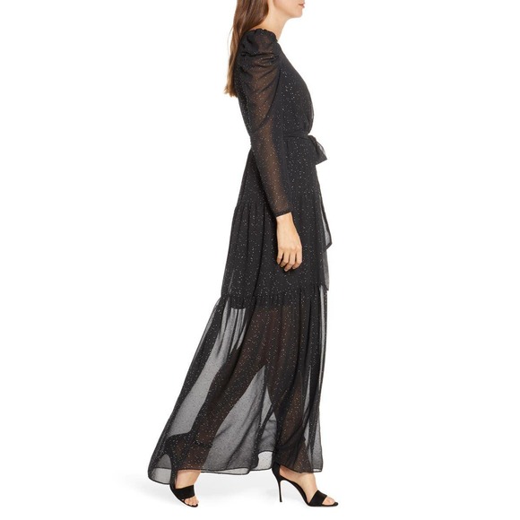 Eliza J Maxi Dress 6 Black Long Puff Sleeve Faux Wrap Studded Chiffon V-Neck - Picture 14 of 14